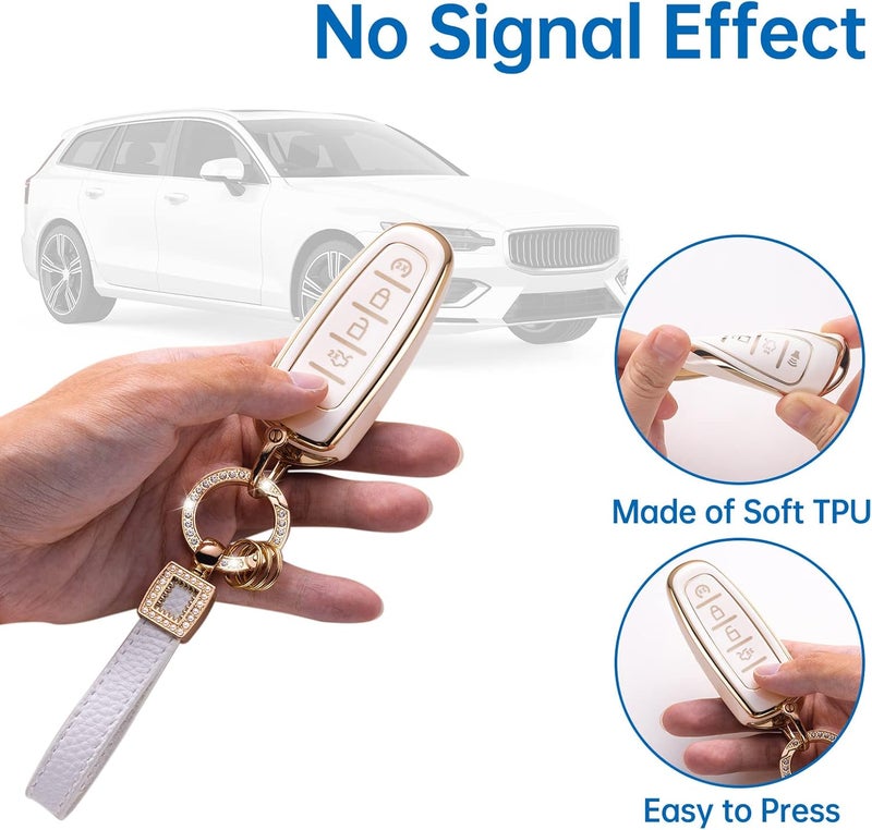 CACARLIKE for Ford Key Fob Cover with Leather Lanyard, Car Key Fob Case Compatible with Ford CMAX Edge Escape Expedition Explorer Flex Focus Taurus Lincoln Smart Key Protector Holder - Image 3
